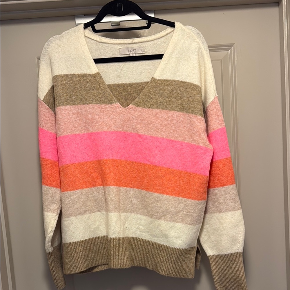 LOFT Cream and Pink V-Neck Sweater with Stripes